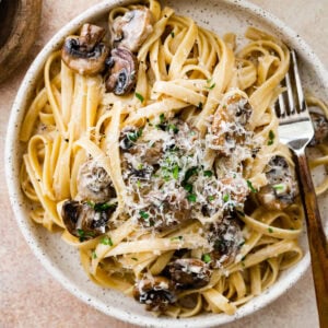 A plate of creamy mushroom pasta made with fettuccine pasta. extra cheese on top and ready to eat. Fork on the plate.