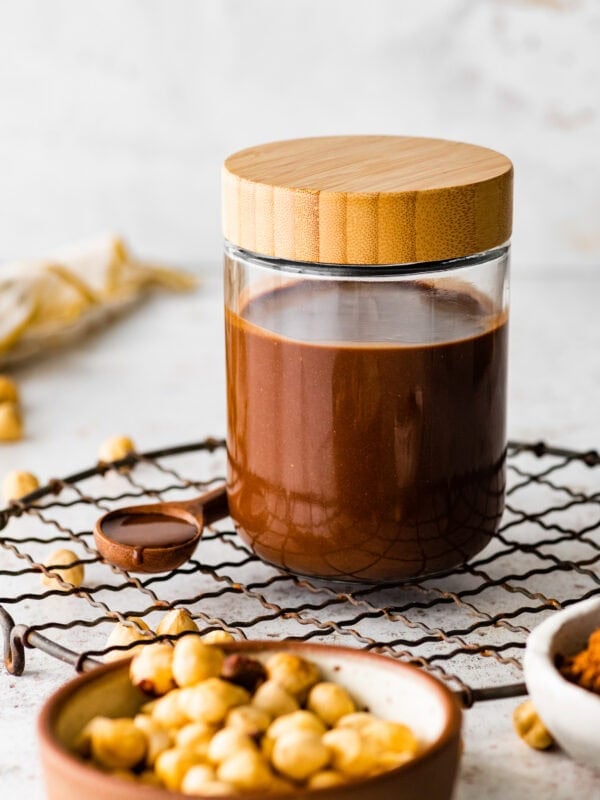 a jar with the homemade nutella recipe.