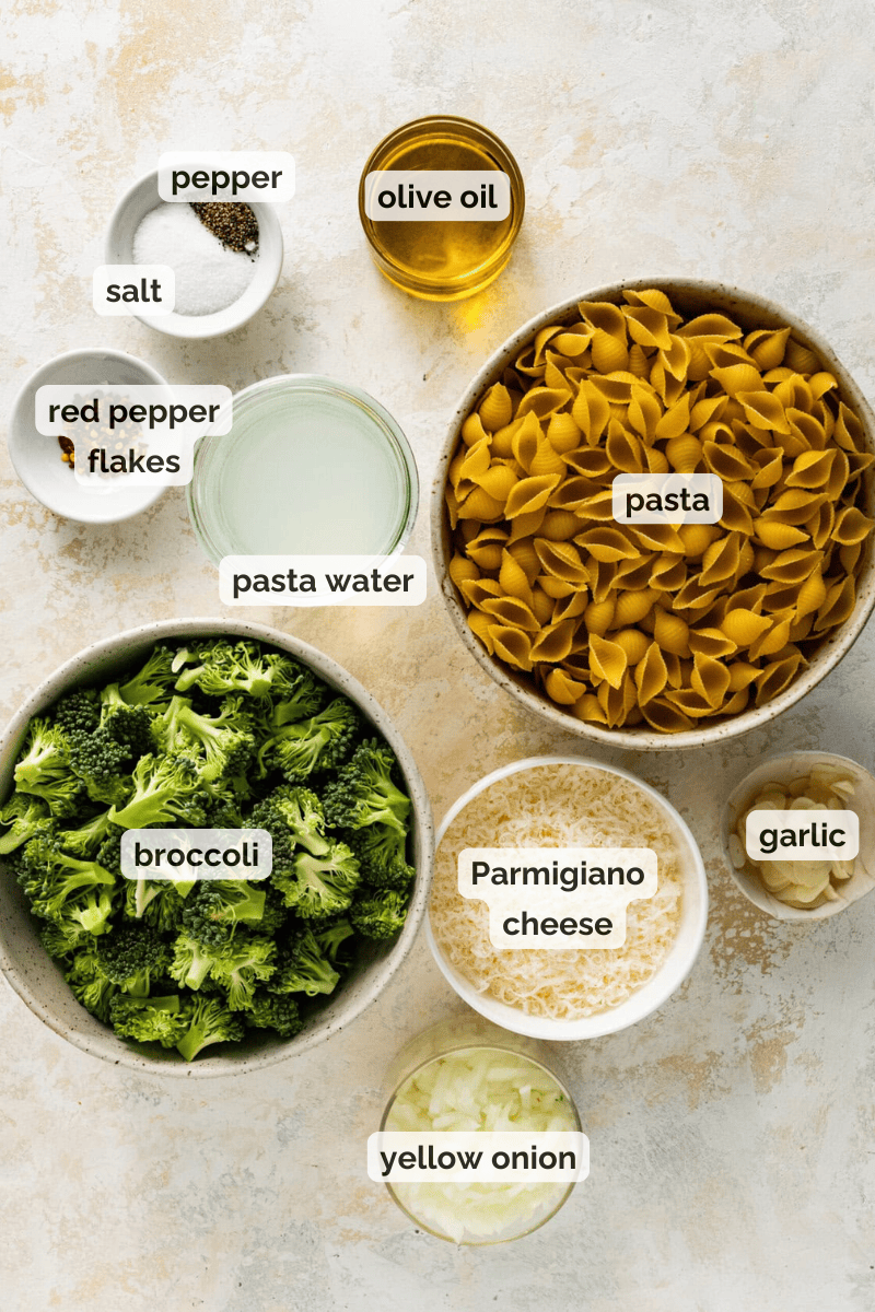 Recipe ingredients for broccoli pasta recipe.