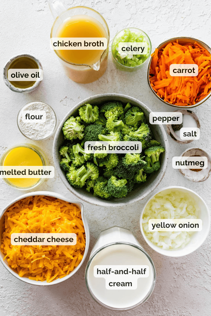 Recipe ingredients for copycat panera broccoli cheddar soup recipe.