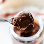 homemade nutella in a jar after it is refrigerated and sets up a bit.