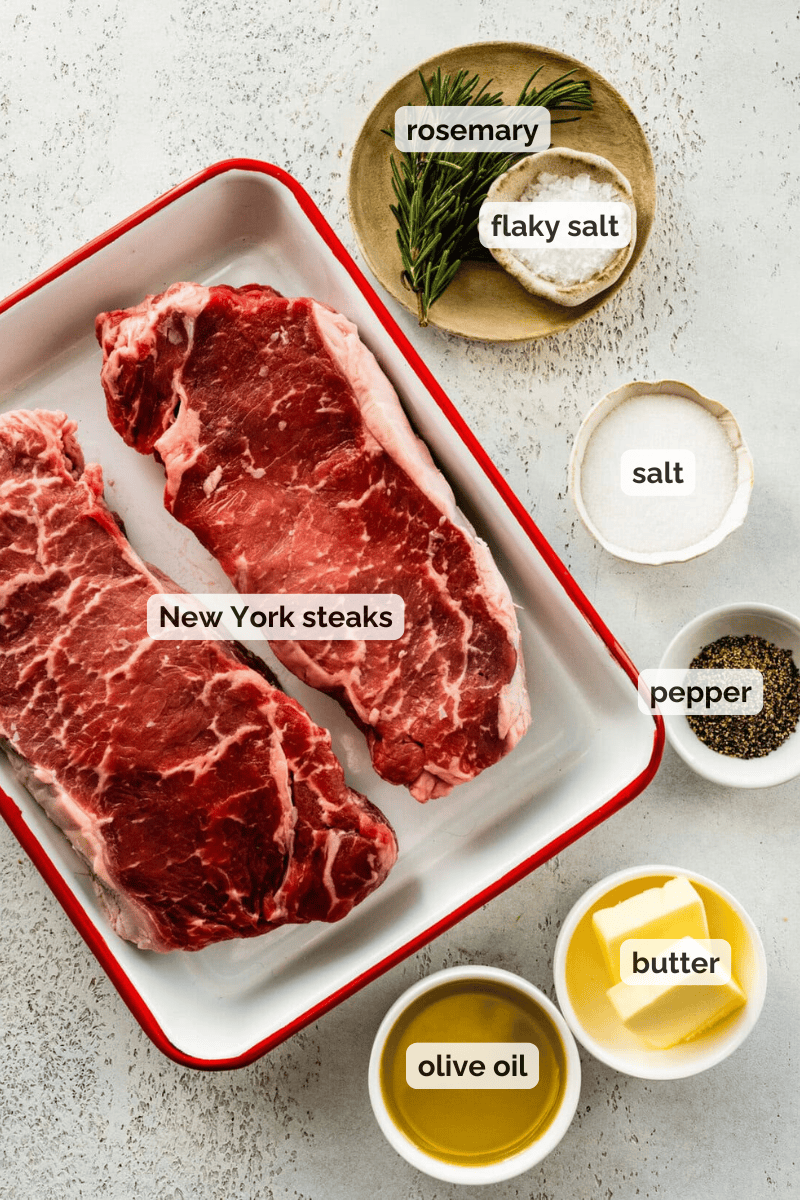 Recipe ingredients for New York steak recipe.