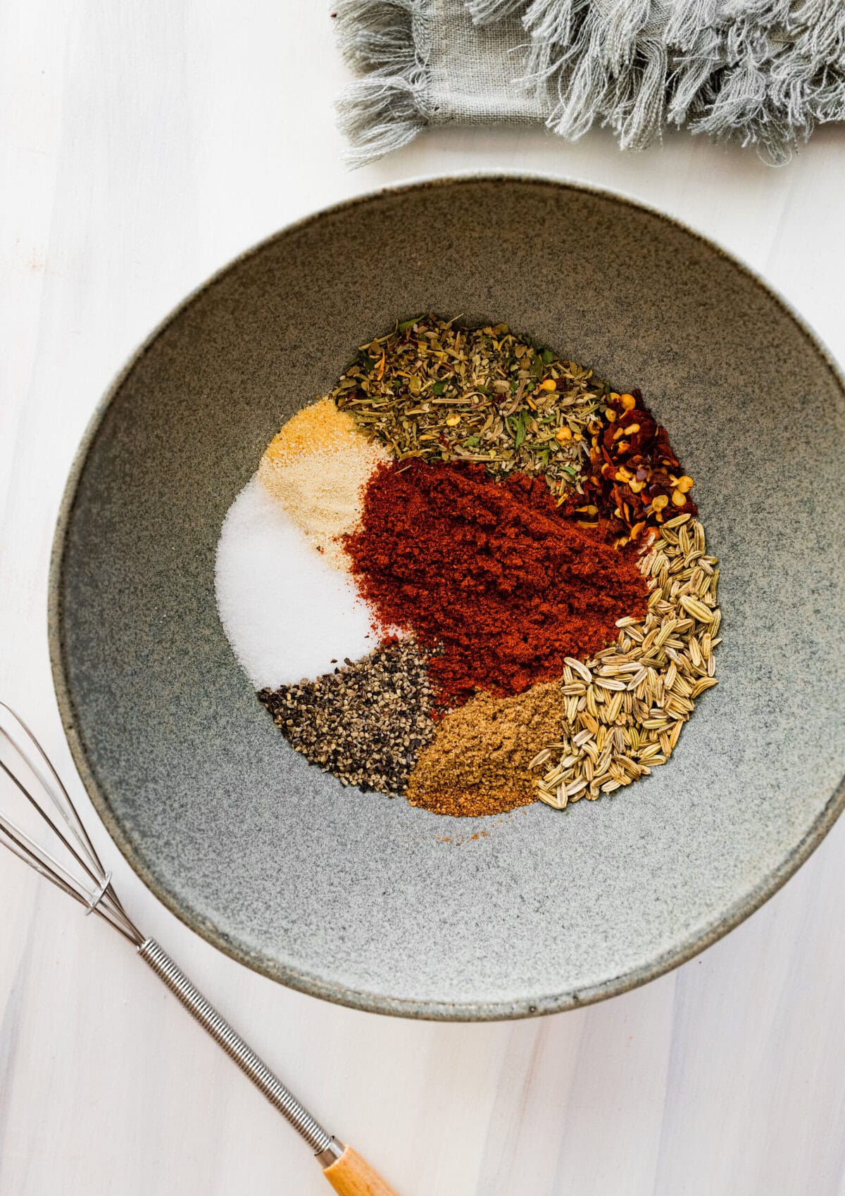 all the herbs for Italian sausage seasoning in a bowl.