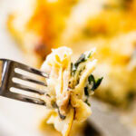 a fork holding a piece of the white chicken lasagna ready to eat.