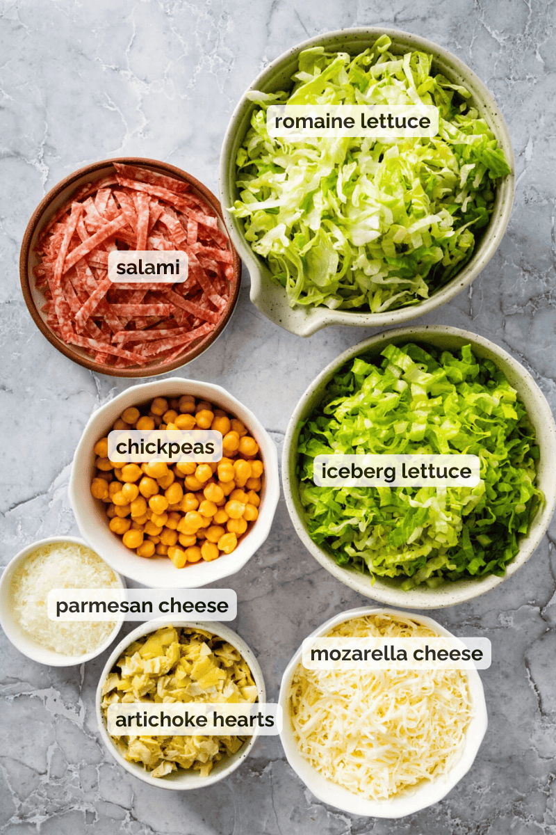 Recipe ingredients for the La Scala chopped salad recipe.