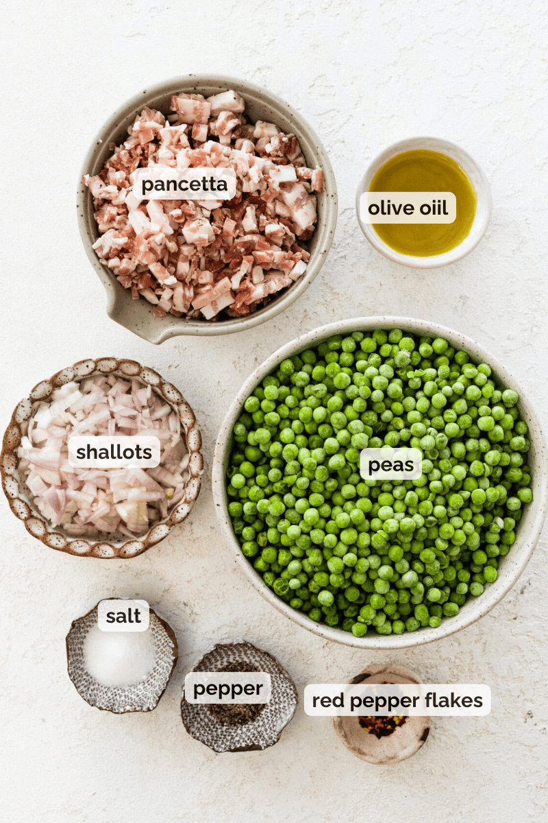 Recipe ingredients for peas and pancetta recipe.