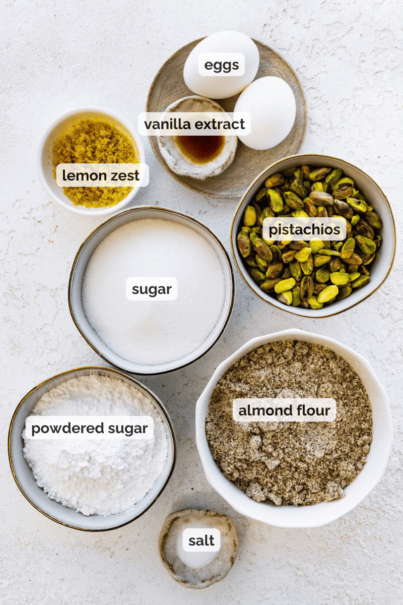 Recipe ingredients for the pistachio cookies recipe.