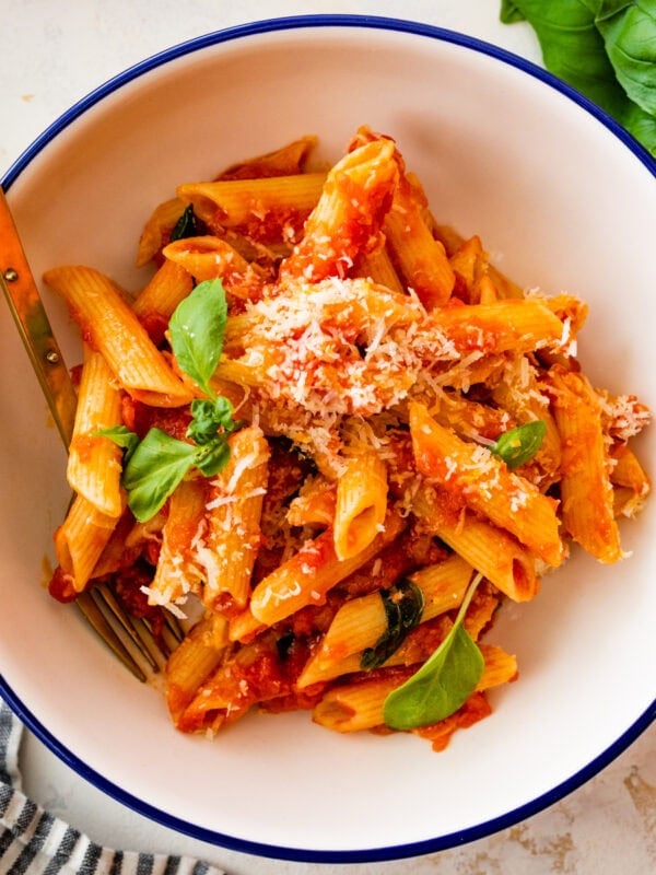 penne pomodoro in a blue and white bowl with a fork in it.