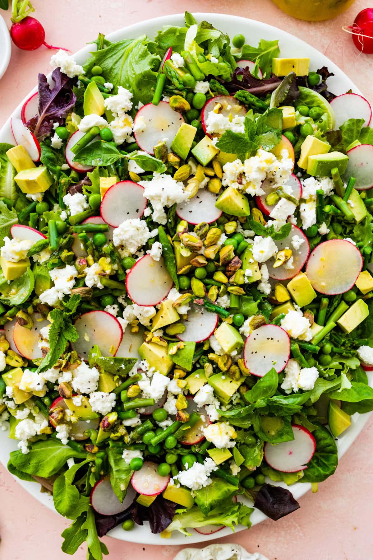 The spring salad topped with radishes and the rest of the salad ingredients.