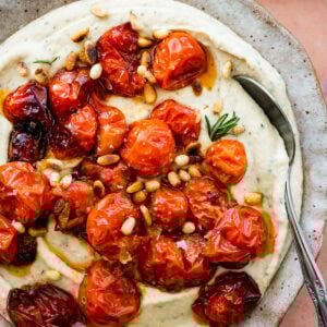 creamy white bean dip on a serving plate with the blistered roasted tomatoes on top on a pink background.