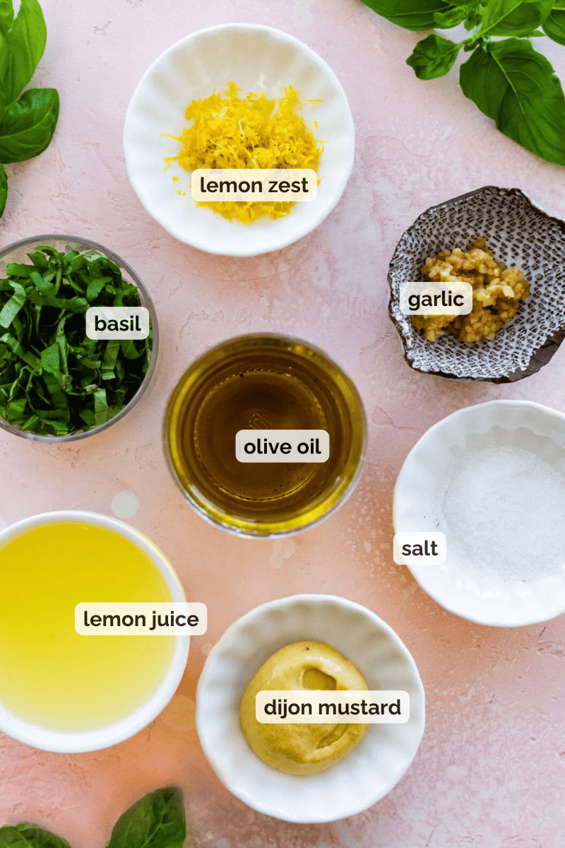 Recipe ingredients for lemon basil vinaigrette recipe.