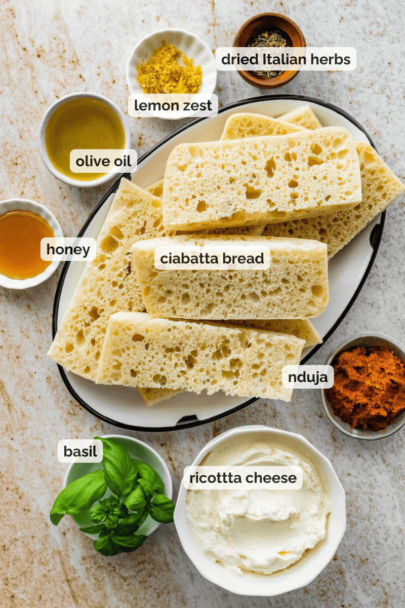 Recipe ingredients for Nduja ricotta toast recipe.