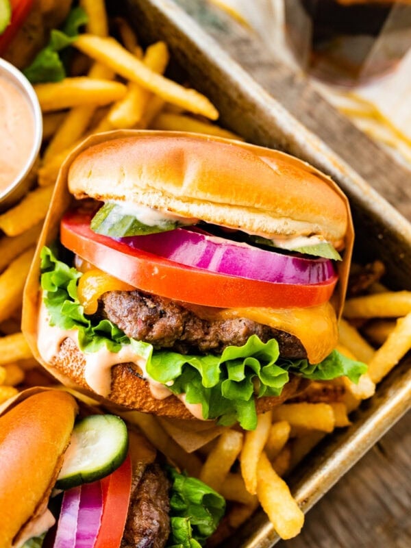 hamburger with sauce with side of fries.