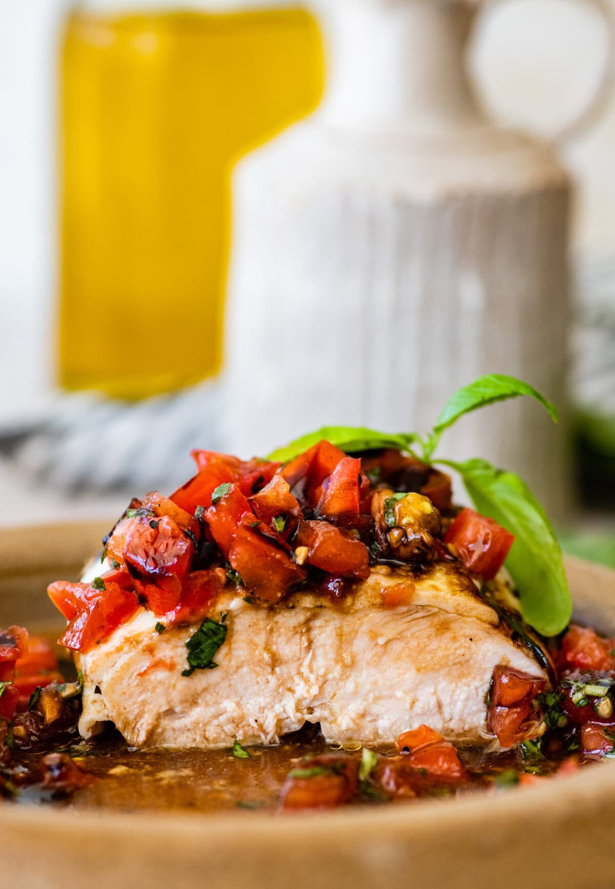 Grilled salmon with tomato and basil sauce