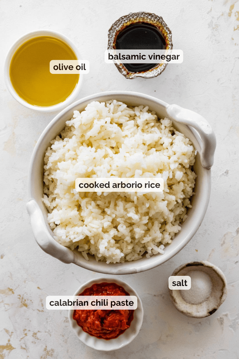 Recipe ingredients for crispy rice salad recipe.