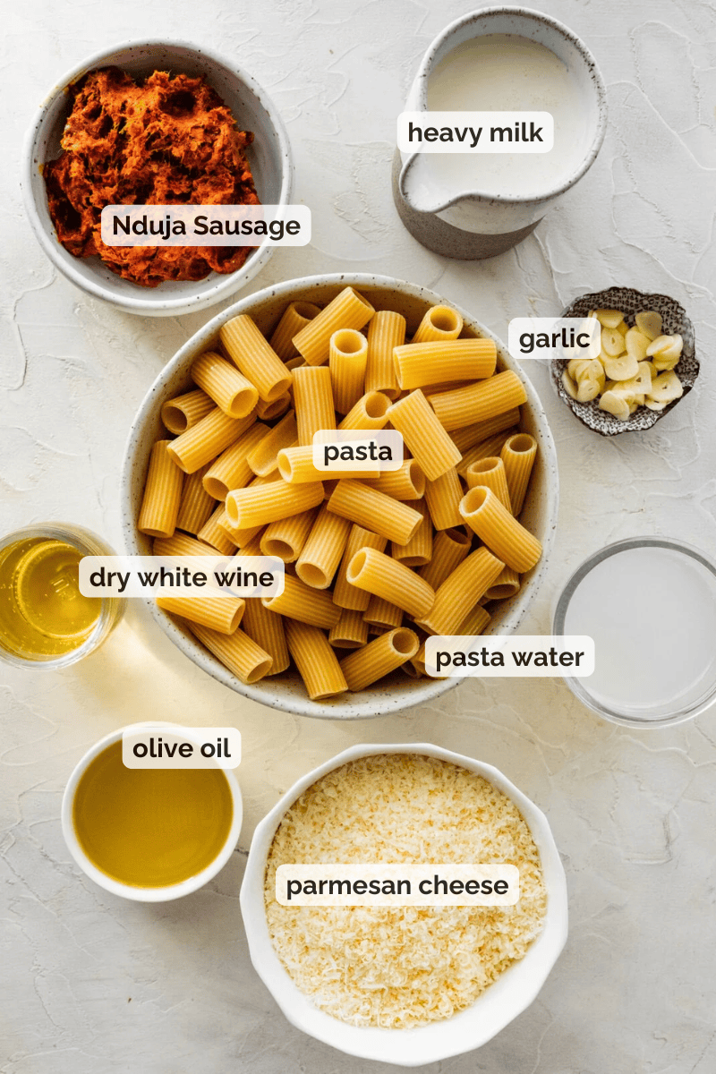 Recipe ingredients for Nduja pasta sauce recipe.