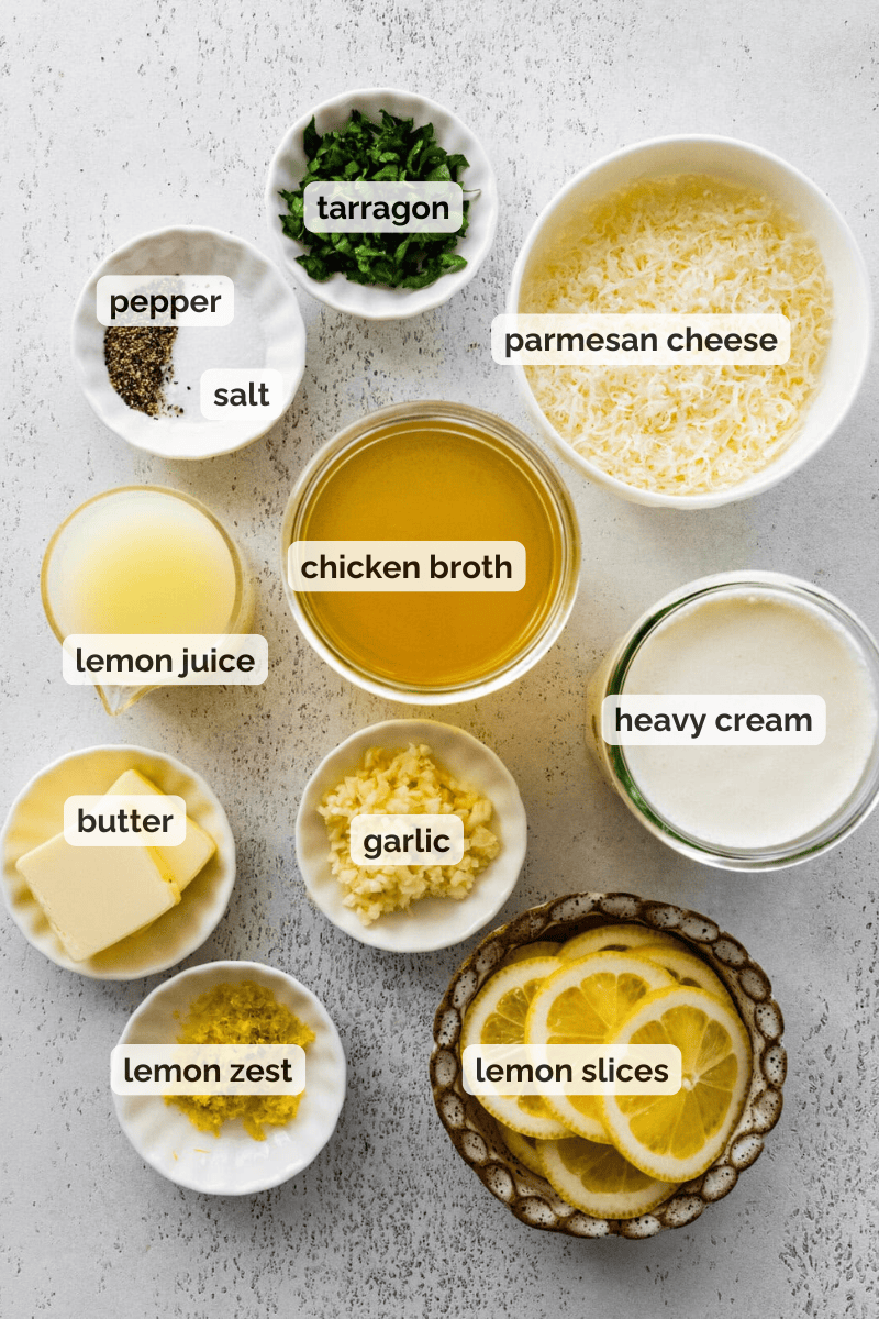 Recipe ingredients for creamy lemon chicken recipe.