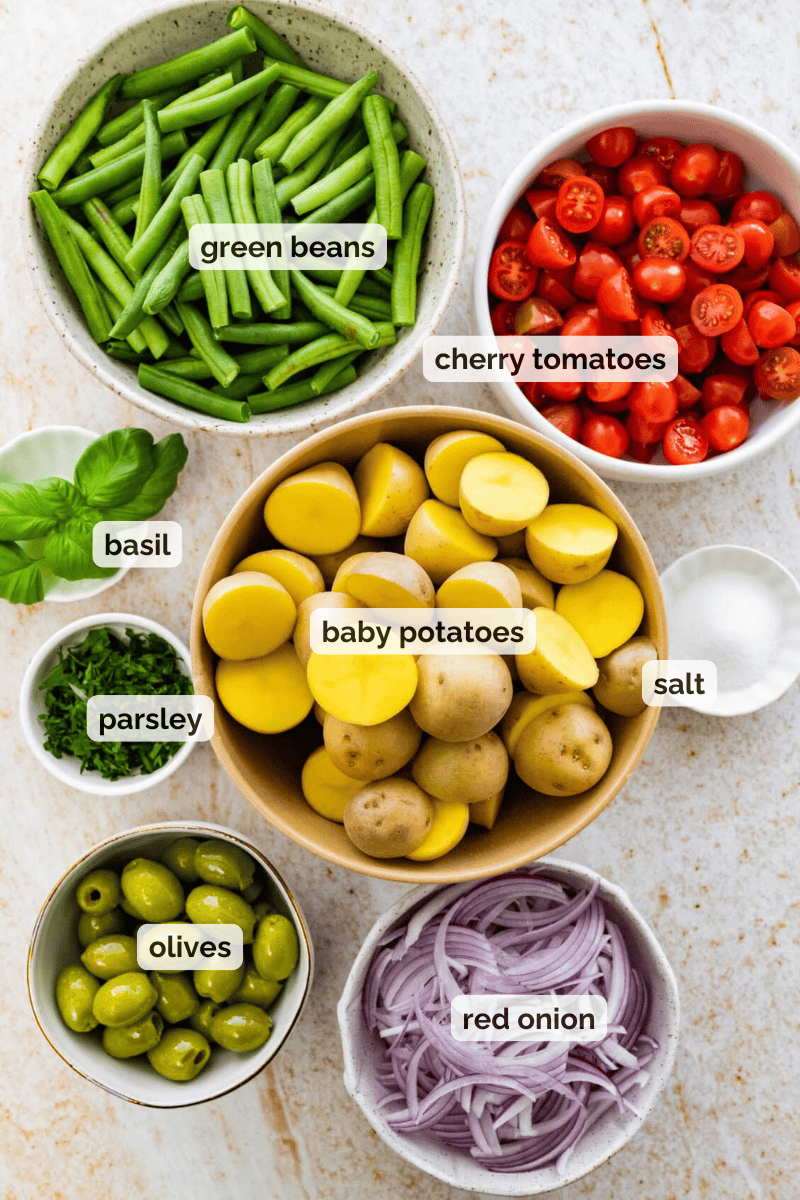 Recipe ingredients for Italian potato salad recipe.