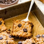 A pan filled with oatmeal chocolate banana bars.