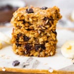 A stack of banana and chocolate chip oatmeal bars.