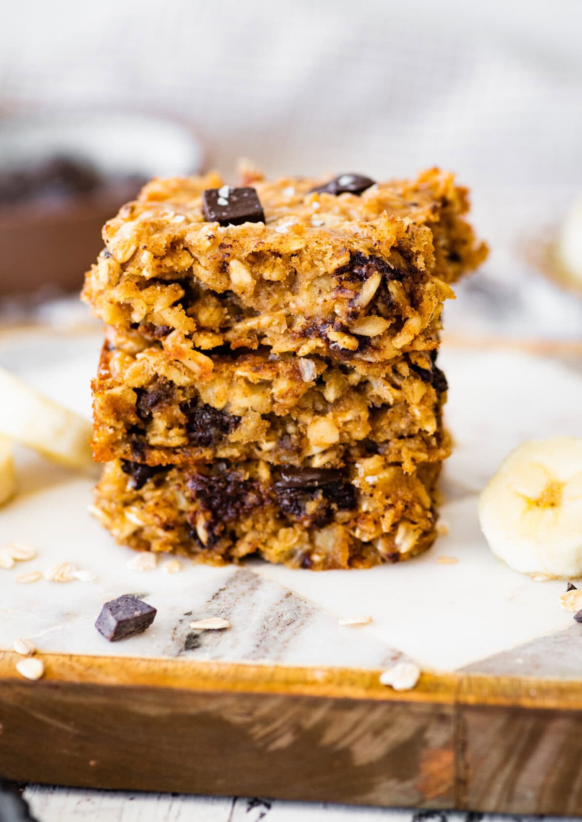 A stack of banana and chocolate chip oatmeal bars.