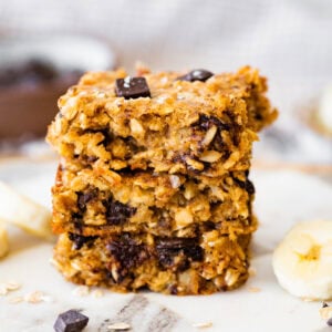 A stack of banana and chocolate chip oatmeal bars.