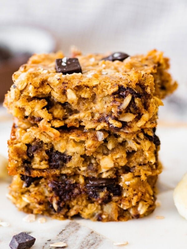 A stack of banana and chocolate chip oatmeal bars.