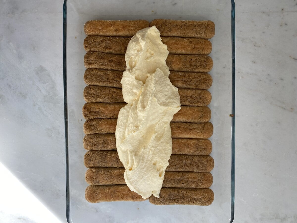 Lady fingers dipped in coffee topped with mascarpone.