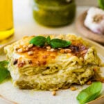 Pesto lasagna with basil and garlic.