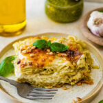 Lasagna with pesto and pine nuts.