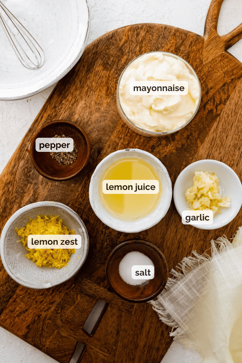 Recipe ingredients for lemon garlic aioli recipe.