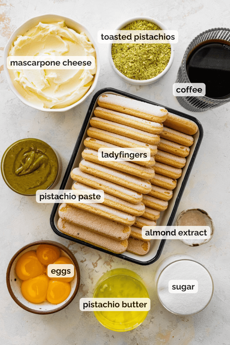 Recipe ingredients for homemade pistachio tiramisu recipe.
