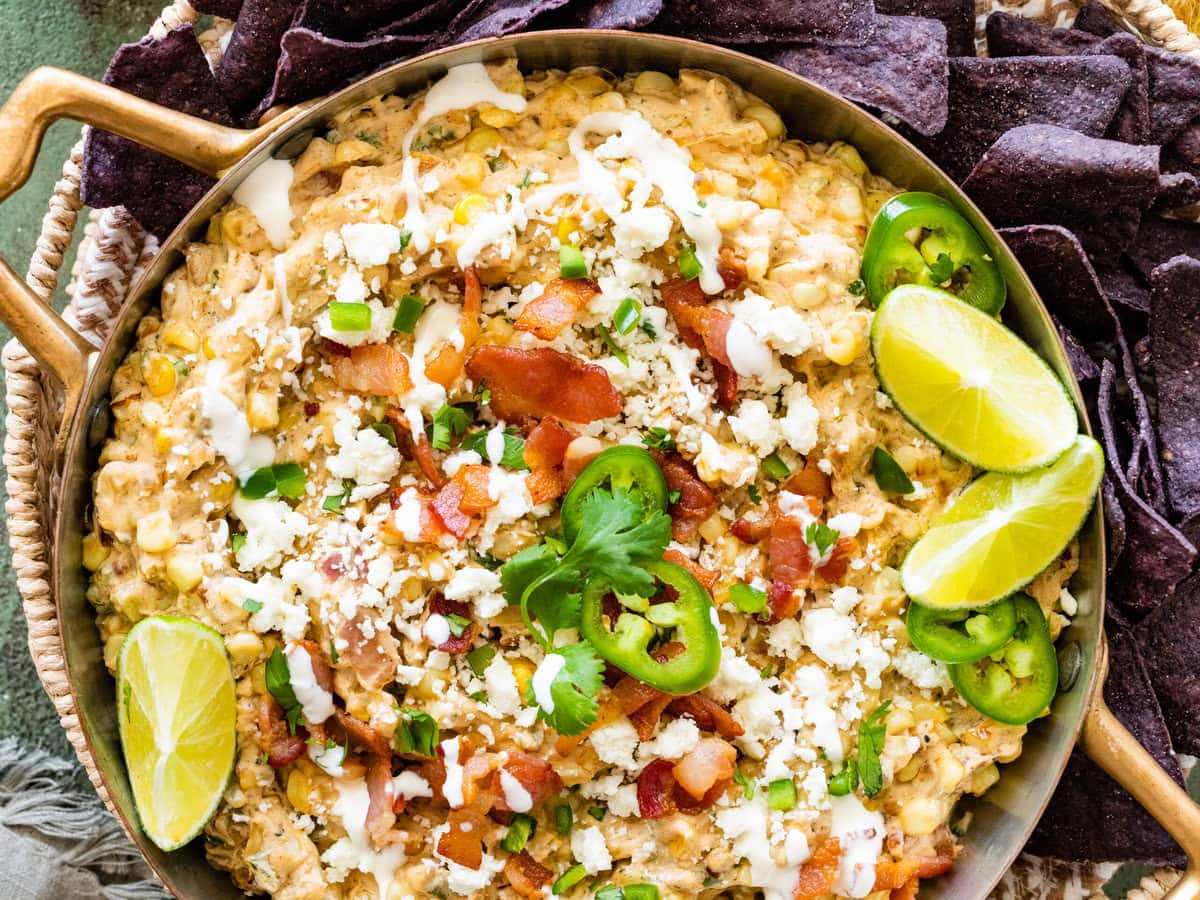 Mexican jalapeno corn dip with bacon, cheese, and lime.