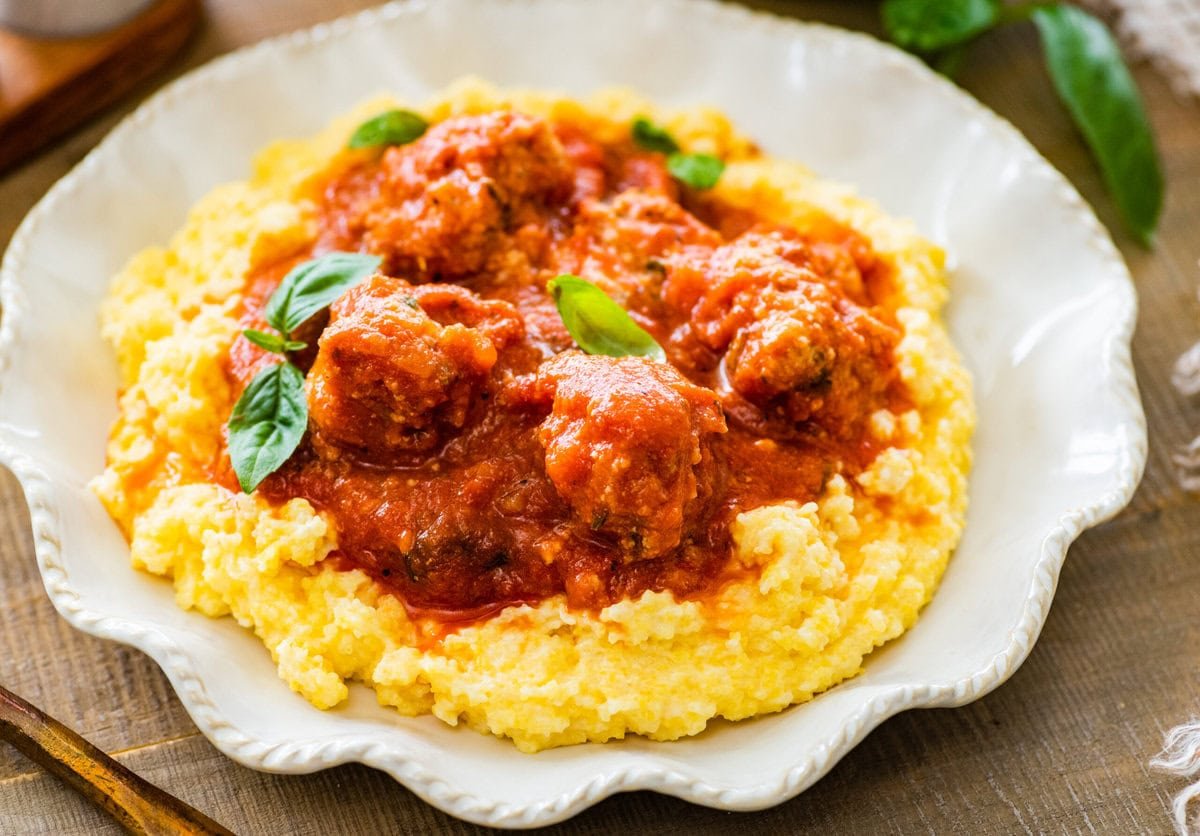 Italian ricotta meatballs with polenta.