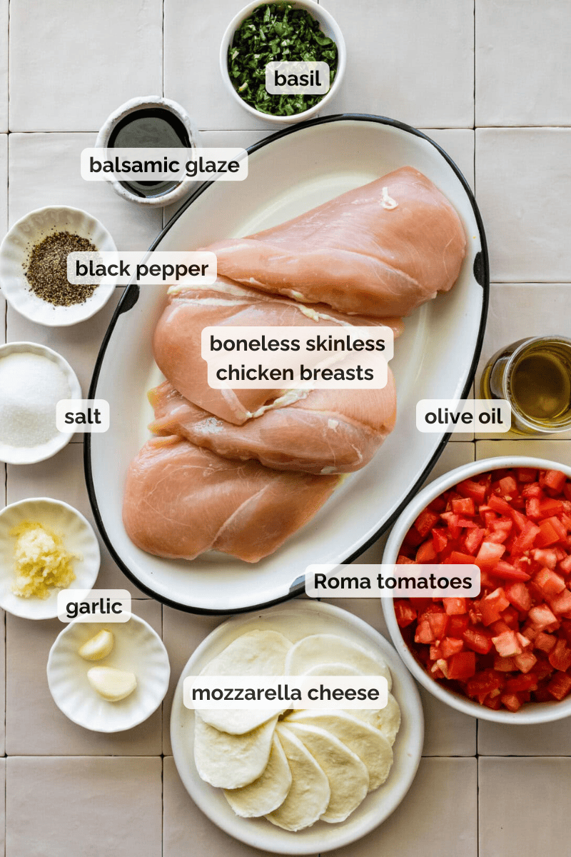 Recipe ingredients for bruschetta chicken recipe.