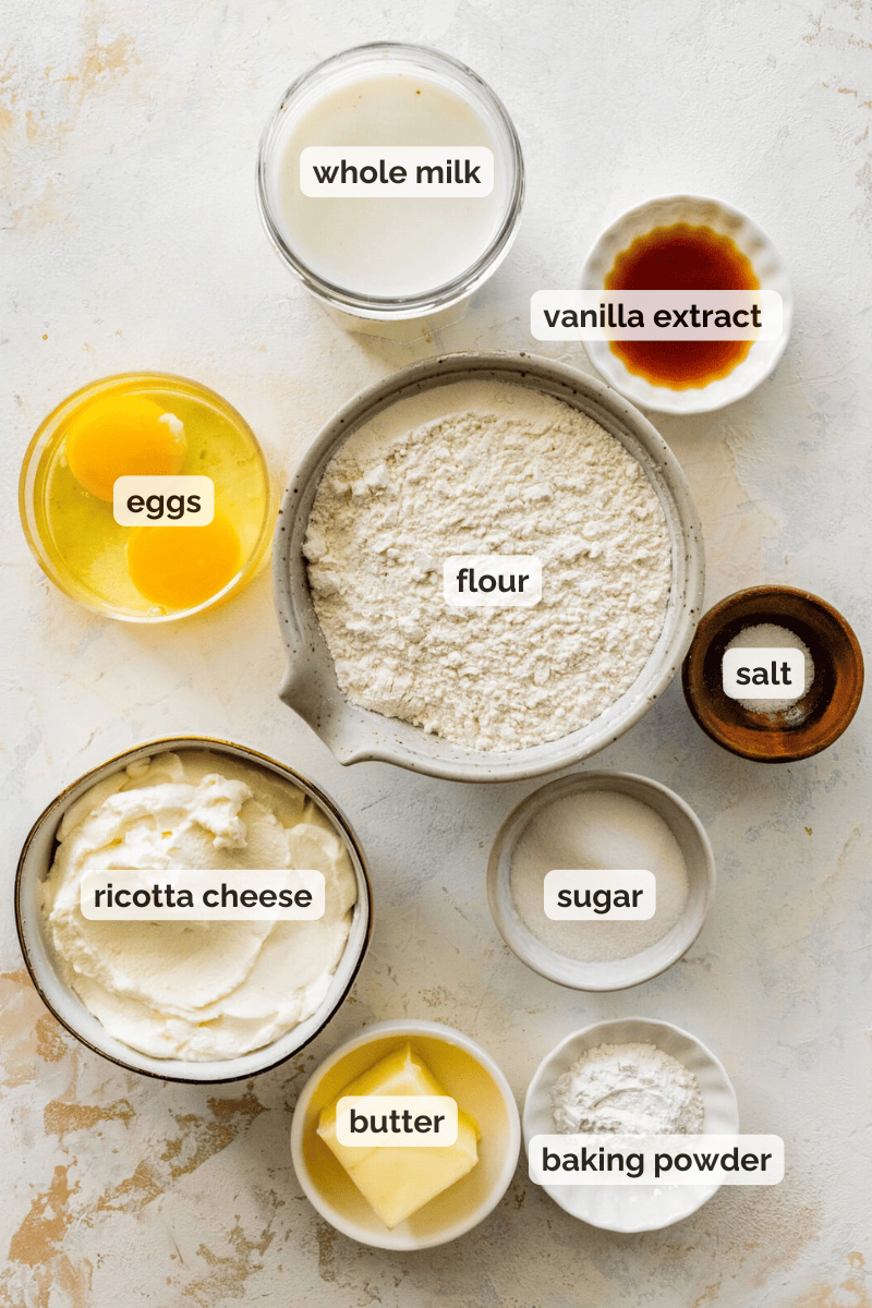 Recipe ingredients for ricotta pancakes recipe.
