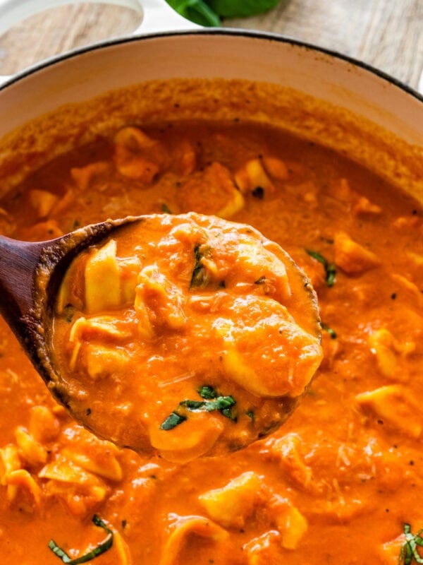A ladle with tomato tortellini soup holding over the soup pot.
