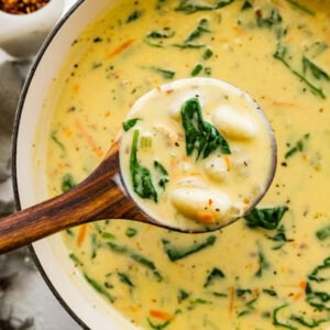a wooden ladle serving the gnocchi soup over the soup pot.