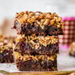 stacked pecan pie brownies.