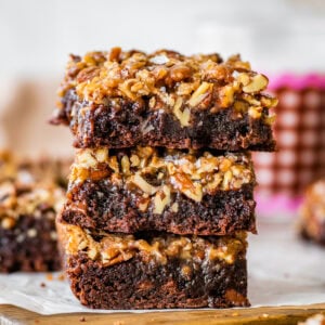 stacked pecan pie brownies.
