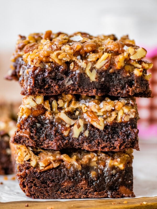 stacked pecan pie brownies.