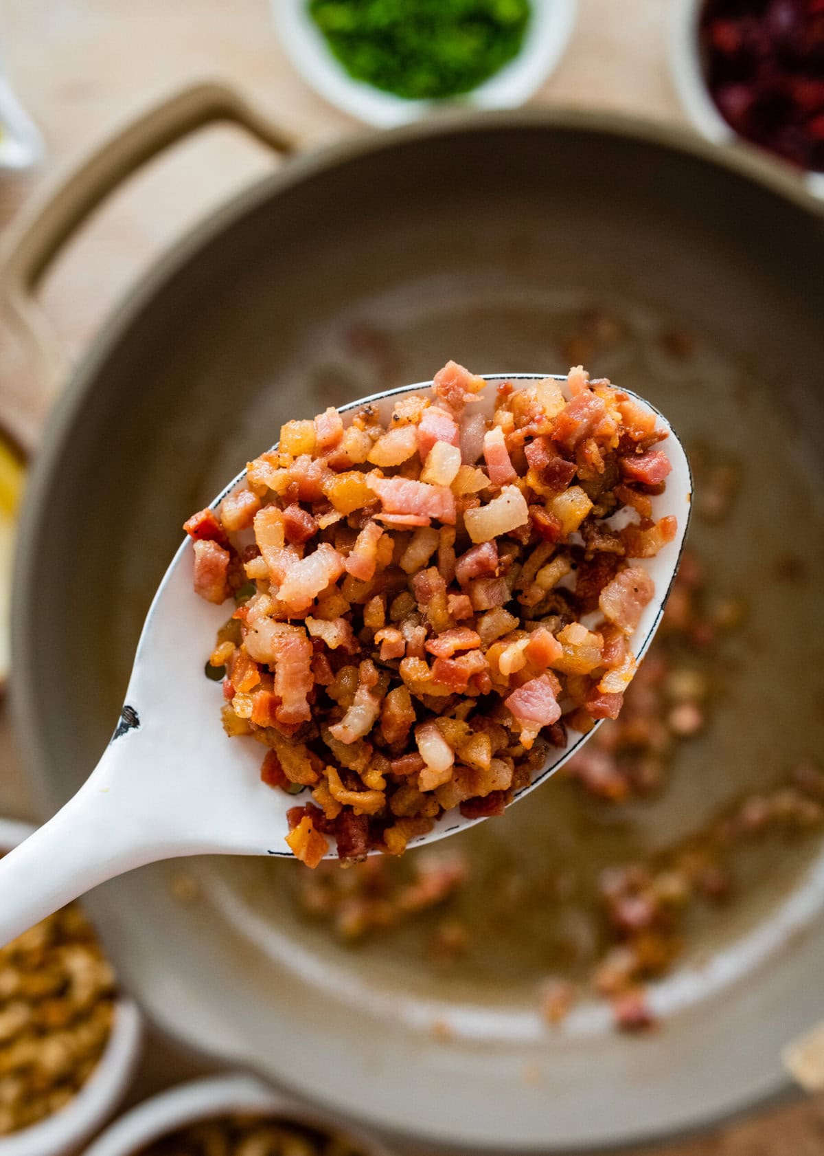 cooked pancetta in a pan.