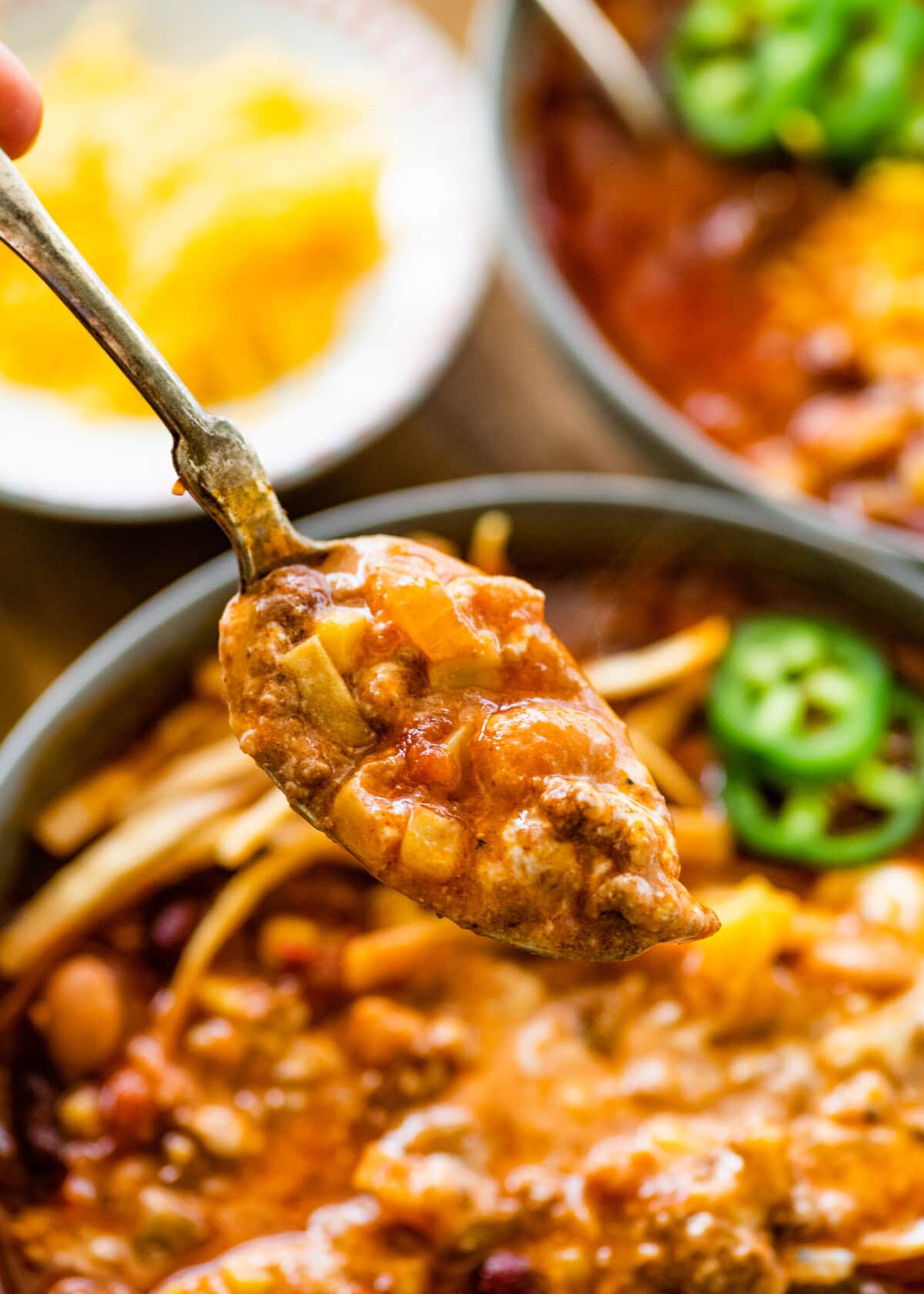 spoon with a bite of the taco soup recipe.