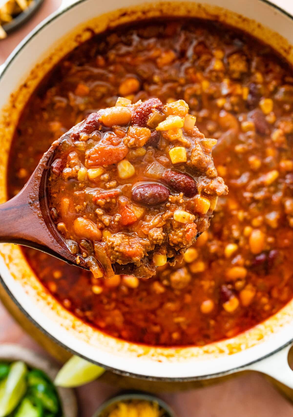 ladle holding some of the taco soup.