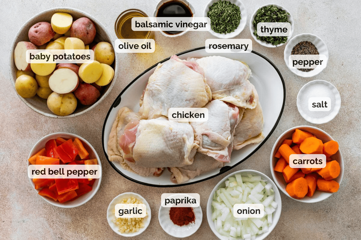 Recipe ingredients for baked chicken and vegetables recipe.