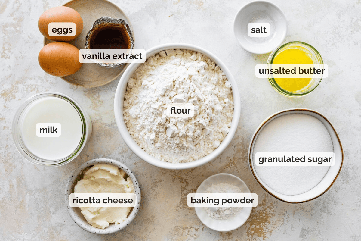 Recipe ingredients for cannoli cake recipe.