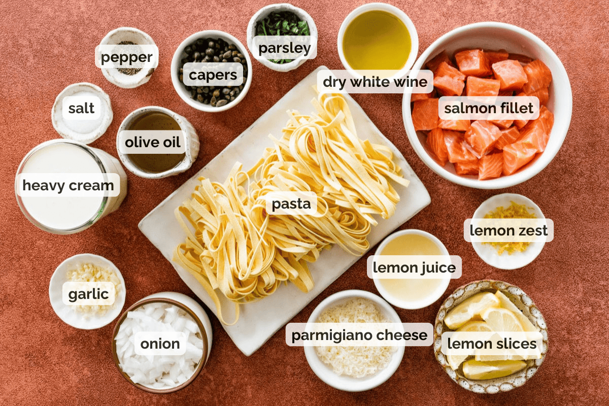 Recipe ingredients for creamy salmon pasta recipe.