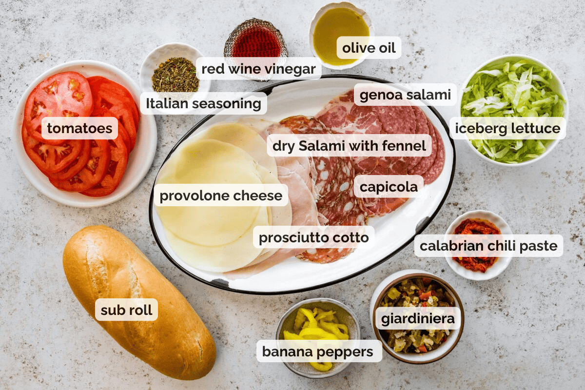 Recipe ingredients for Italian sub sandwich recipe.
