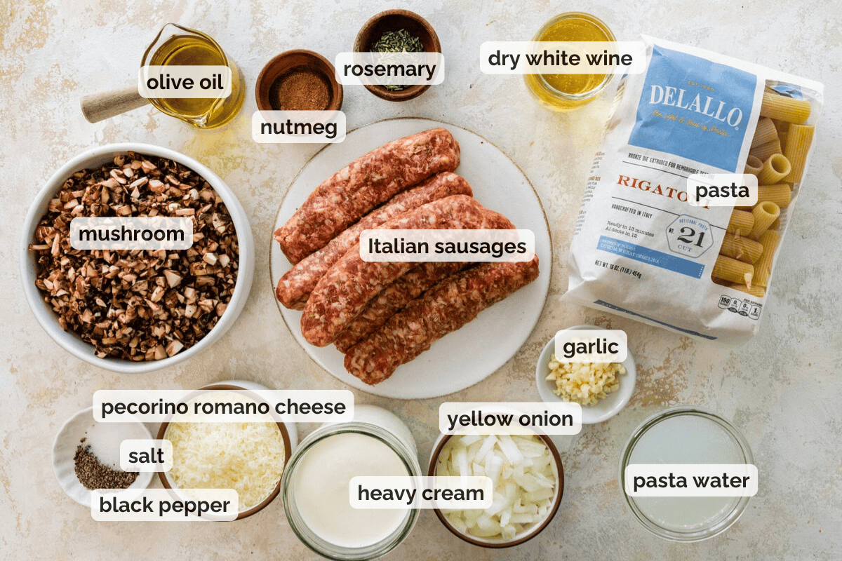Recipe ingredients for Pasta alla Norcina recipe.