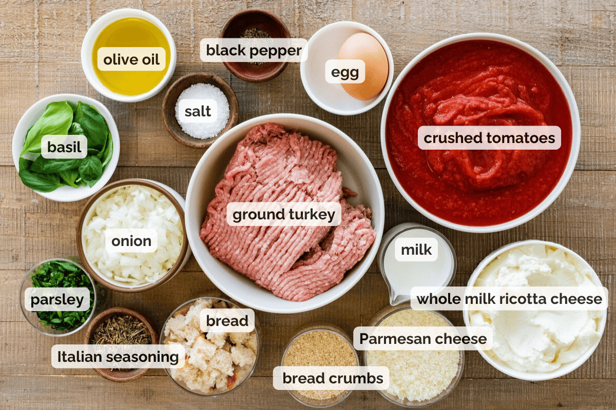 Recipe ingredients for ricotta meatballs in tomato sauce recipe.